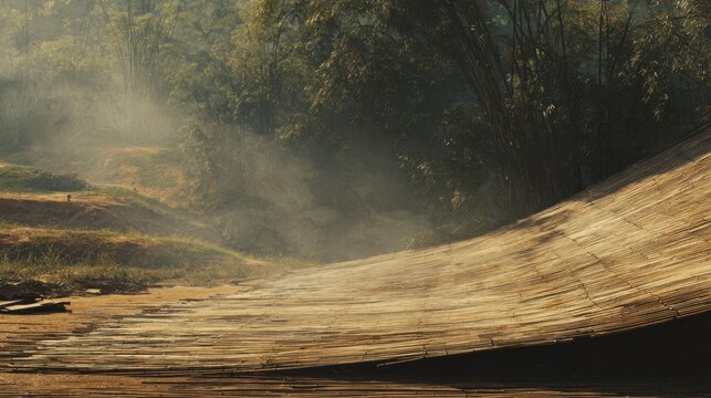 Collapsed bamboo mat half buried in dusty outdoor environment