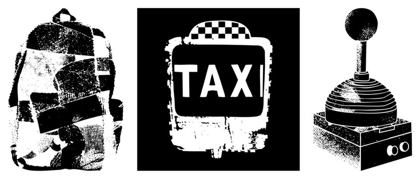 Vintage halftone backpack, classic taxi sign, arcade joystick controller, vector art, stylized retro gaming and travel.