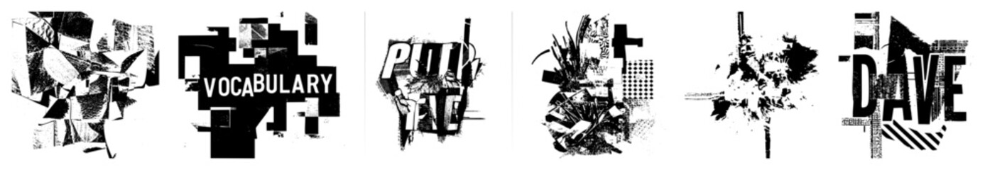 Obraz premium Stylized text logos with shattered, pixelated, and abstracted lettering, graphic design elements, modern typography, fragmented fonts, visual noise.