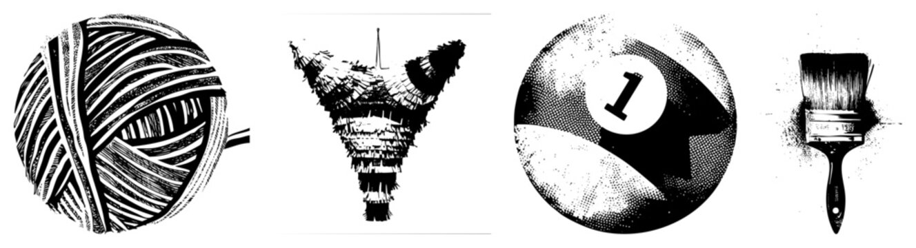 Classic halftone rendered yarn skein, festive pi&ntilde;ata, numbered pool ball, and paintbrush brush, vector graphic, isolated on transparent background.