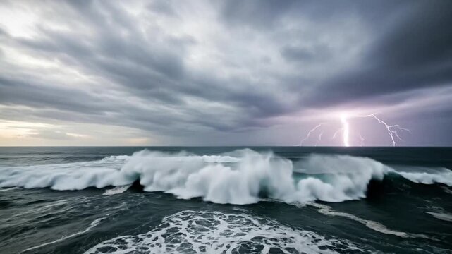 Turbulent ocean waves crash against the shore under a dramatic stormy sky with lightning illuminating the dark clouds from a distant viewpoint.