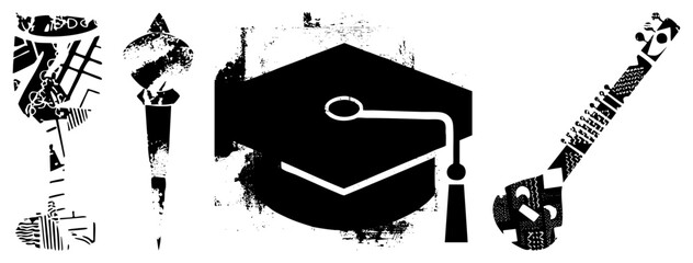 Obraz premium Black/white vector graduation cap, torch, wine glass, guitar with abstract geometric. Symbols for education, enlightenment, celebration, music. Isolated on transparent bg.