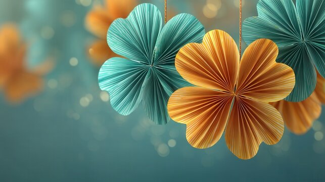 Saint patrick day paper clover decoration hanging bokeh festive teal and orange craft garland on soft background for holiday party greeting card banner with cheerful mood