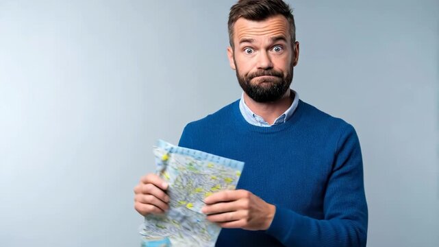 Man Studying Map with Focused Expression in Blue Sweater