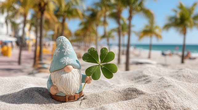 Gnome clover beach sand palm ocean sunshine holiday saint shamrock theme for patrick day with lucky four leaf plant near turquoise water soft focus background playful travel mood