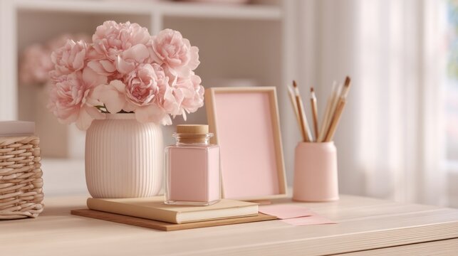 Charming Soft Pink Floral Arrangement and Elegant Office Desk Interior Design Concept