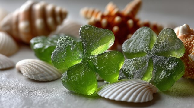 Sea glass clover shell starfish beach green saint patrick day theme on sand with seashell and sea star background soft light for holiday decoration concept