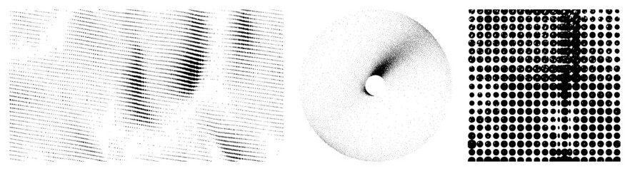 Vector halftone design with dot gradients, circular void, grid matrix, isolated graphic elements, black and white composition, stylized geometric forms.