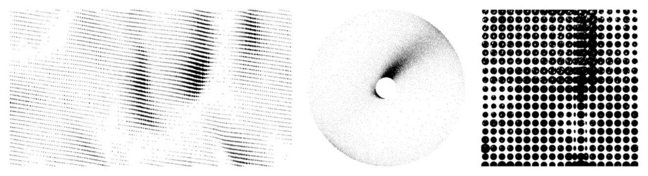 Vector halftone design with dot gradients, circular void, grid matrix, isolated graphic elements, black and white composition, stylized geometric forms.