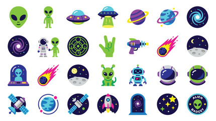 A vibrant collection of 36 flat design icons representing space exploration, aliens, astronauts, planets, and celestial phenomena. © GJ