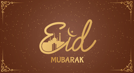 Illustration of an Eid Mubarak greeting card with golden text and mosque silhouette on brown background with ornate border design. EPS /VECTOR © Tonmoy