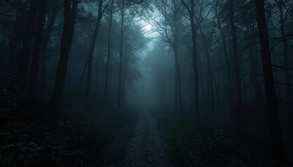 Obraz premium Misty moonlit forest path with foggy trees and narrow trail evoking eerie calm
