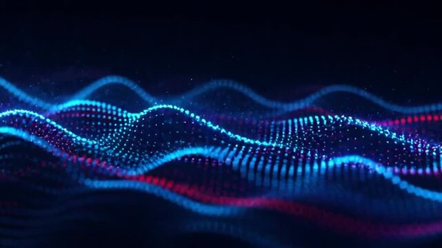 Digital Waveform with Blue Particles and Dark Background.