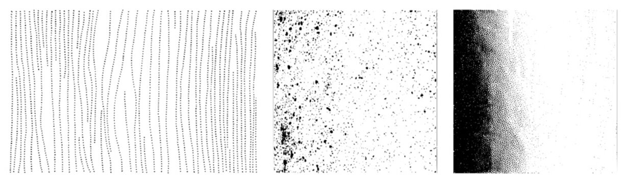 Vector halftone dots, wavy, speckles, gradients ideal for design/print/digital art. Also called stippling, dot matrix, tone mapping.