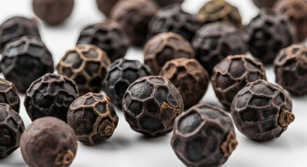 Close-up of Whole Black Peppercorns on White Background