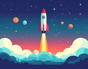 A rocket ship blasts off into a starry night sky with planets (1)