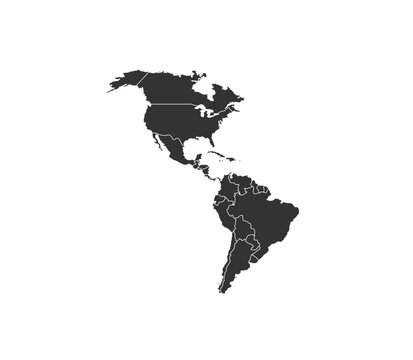 Detailed dark silhouette map outline showing the complete geographical landmasses of North and South America continents together