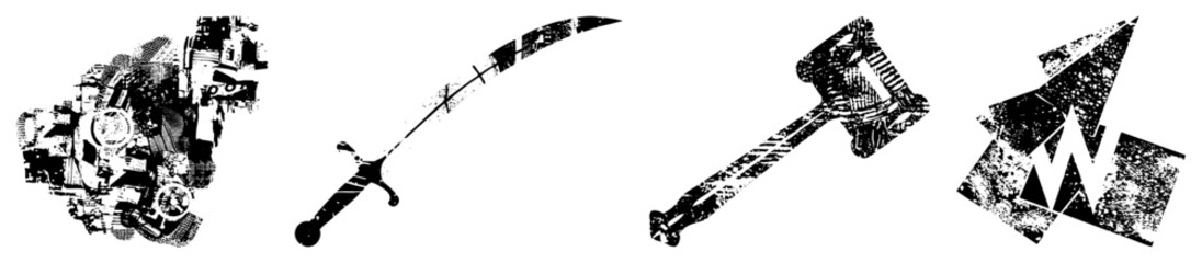 Fototapeta premium Stylized black and white vector of medieval weaponry including curved sword, mallet hammer, and dagger with distressed textures, ideal for or historical design projects.