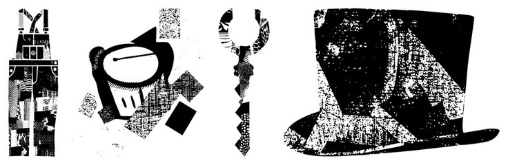 Obraz premium Stylized featuring overalls, cup, key, top hat, rendered in halftone texture, graphic design elements, vector art, isolated foreground.