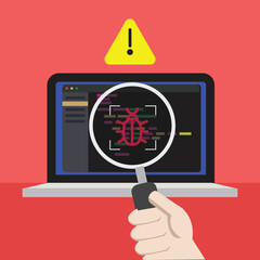 Cybersecurity Threat Detection Concept with Malware Bug on Laptop Screen