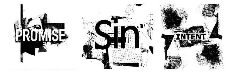 Obraz premium Graphic design with fragmented typography spelling Promise, Sin, Intent, featuring halftone textures, distressed shapes, and abstract collage elements. Ideal for, protest, or conceptual art.
