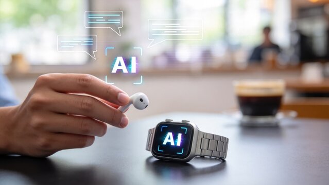 Smartwatch and wireless earbuds with glowing AI interface,artificial intelligence assistant and voice technology concept in modern lifestyle workspace setting