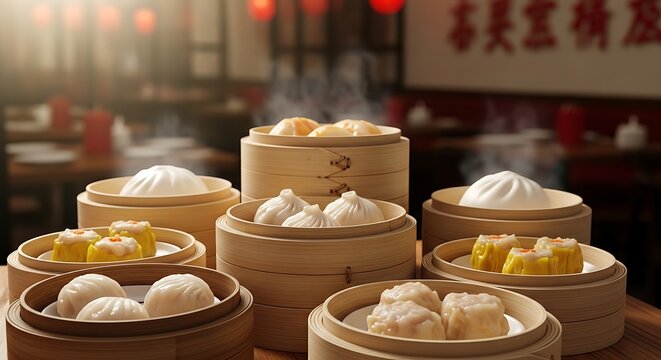 Assorted Dim Sum in Bamboo Steamers.
