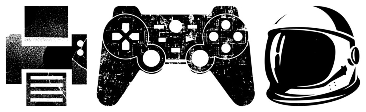 Retro gaming controller, dot matrix printer, astronaut helmet, black and white vector, digital nostalgia, tech relics, isolated graphics.