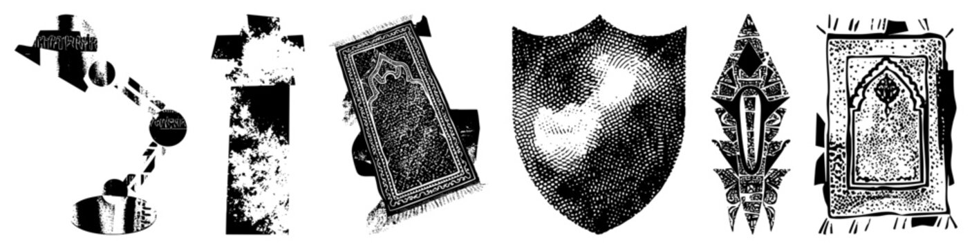 Islamic prayer rug,, shield emblem, dagger motif, Arabic calligraphy frame, halftone rendered sacred, vector religious symbols.