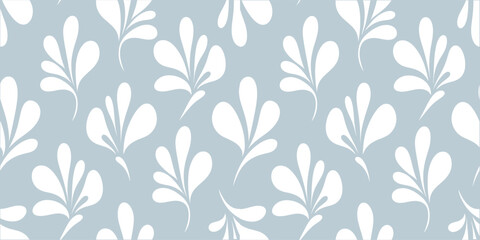 Seamless light blue floral pattern with white stylized leaves. Elegant botanical decorative design in repeating layout. Soft classic background ideal for wallpaper, fabric . © NisatFarjana