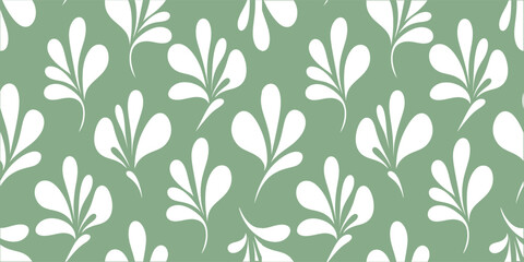 Seamless sage green floral pattern with white stylized leaves. Elegant botanical decorative design in repeating layout. Soft vintage background ideal for wallpaper, fabric . © NisatFarjana