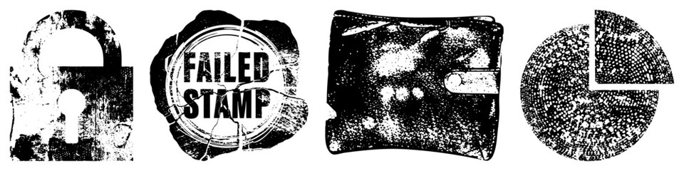 Worn, distressed vector including padlock, failed stamp, wallet, and pie chart, gritty texture, security concepts, data visualization, black and white halftone.