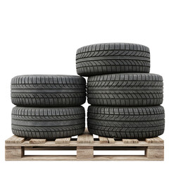 Stacked tires on wooden pallet isolated on transparent background