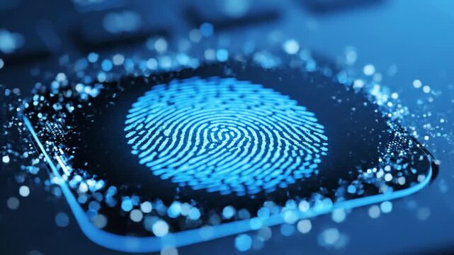 Digital fingerprint scanner glowing blue for biometric security and personal identification