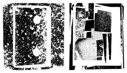 Fototapeta premium Stylized black and white graphic with distressed rectangles, halftone dots, fragmented shapes, and gritty texture, ideal for modern design or urban art.
