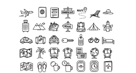 A collection of travel icons and symbols in a minimalist line art style © Mim