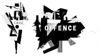 Stylized text logos with fragmented geometric forms, halftone textures, and distressed edges, modern street art aesthetic, urban design elements.