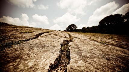 Obraz premium Cracked earth slope with erosion line under a cloudy sky