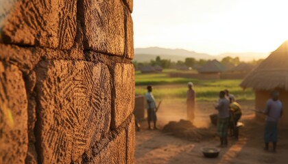Earthen Block Construction in a Rural Village at Sunset