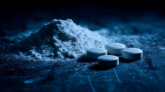Powdered white substance and four pills are dramatically lit on a dark surface.