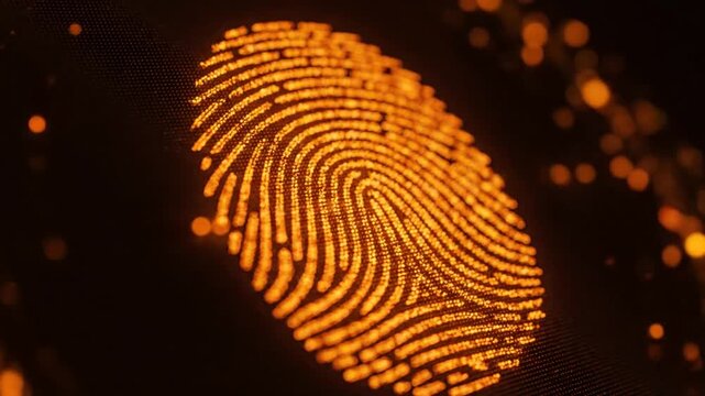 Digital glowing fingerprint pattern with orange light dots on dark background