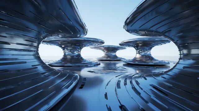 A futuristic, metallic landscape with layered, ring-shaped structures and reflective surfaces that lead towards the horizon against a clear sky