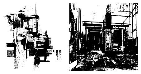 Obraz premium Stylized cityscape with fragmented buildings and alleyways, rendered in stark black and white halftone, urban decay aesthetic, architectural forms, graphic design element.
