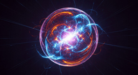 Obraz premium Abstract glowing sphere with energy particles and light trails, representing science and technology