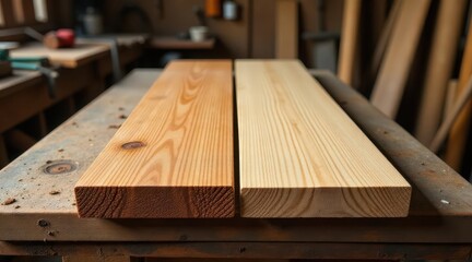 Fototapeta premium Two Stained Pine Wood Boards Side by Side on a Workshop Table Showing a Color Comparison of Finished and Unfinished Lumber