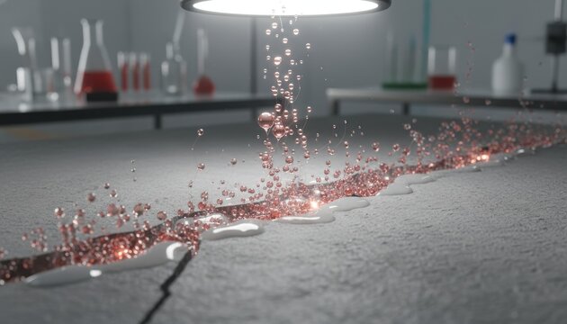 Self-healing concrete microcapsules are observed repairing a crack in a laboratory setting under bright illumination