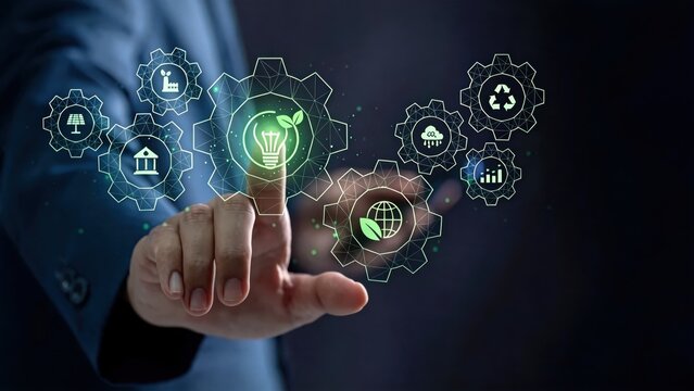 Businessman presenting sustainable innovation with green energy and smart city icons,ESG strategy and environmental technology transformation,corporate responsibility concept