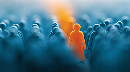 Obraz premium business leadership concept orange unique person walks against crowd symbolizing teamwork management strategy success vision and innovation engagement