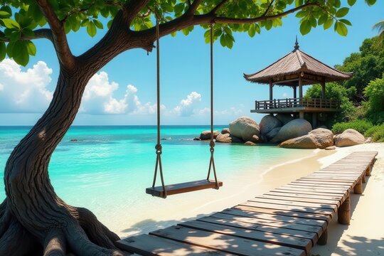Tranquil Seascape Wooden Swing Hanging from a Tree near a Gazebo on a Pristine Beach