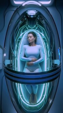 expectant woman in cryogenic pod surrounded by neon rings and monitoring panels, sleek oval capsule, soft blue illumination, medical tubing and containment seals, calm atmosphere suggesting